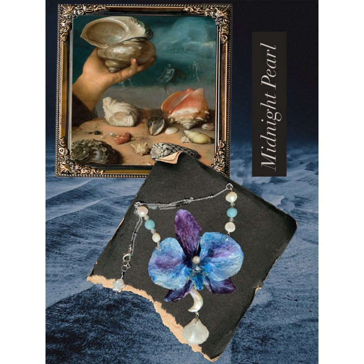 𝑀𝑖𝑑𝑛𝑖𝑔ℎ𝑡 𝑃𝑒𝑎𝑟𝑙 - Orchid Necklace in resin with Aquamarine and Pearls